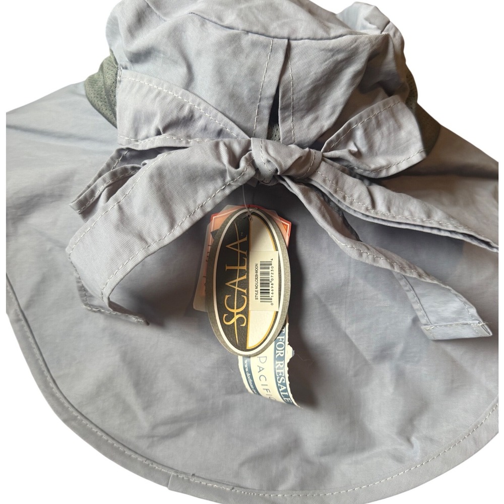 Scala Womens Moon Gray Wide Brim Sun Hat Mesh Vent Bow Chin Strap LC829 NEW